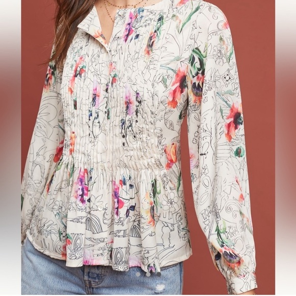 Anthropologie Geisha Barnes Pintucked Ivory Floral Abstract  Button Down Shirt - Picture 1 of 12